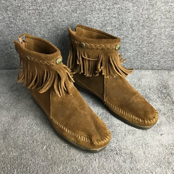 Minnetonka Suede Moccasins Sz 7 Brown Fringe Ankle Back Zip - Picture 2 of 8